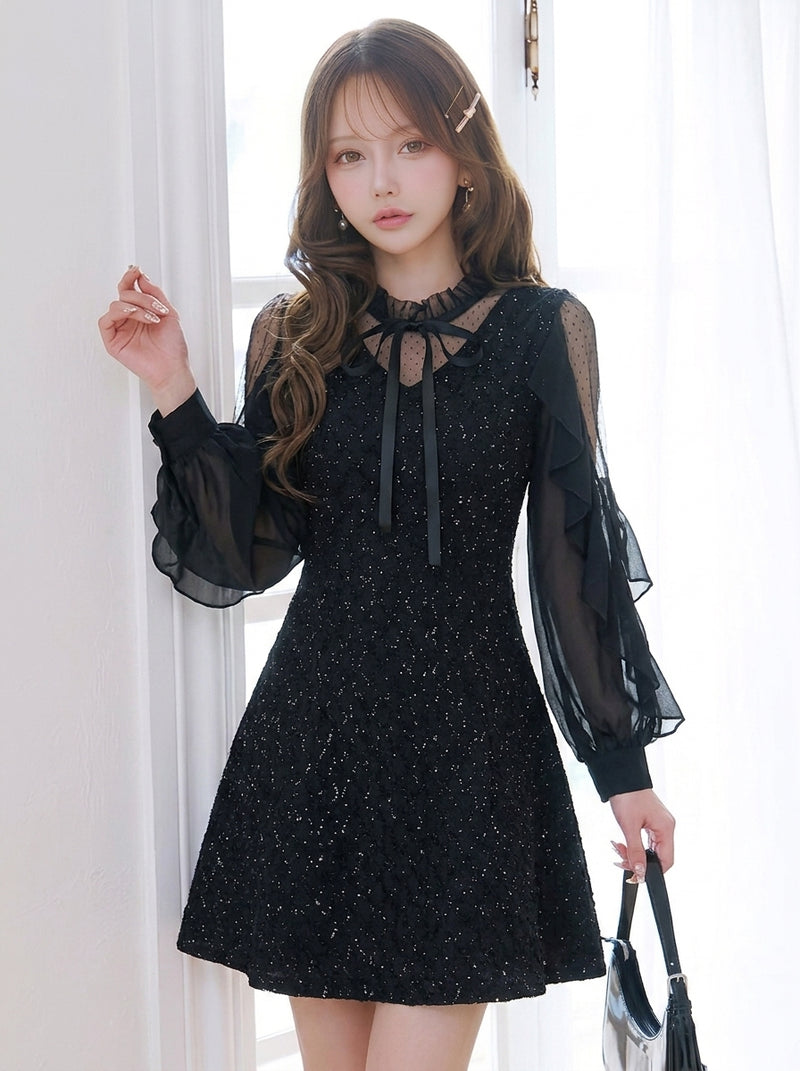 キラキラ 長袖ショートワンピース 無地-ブラック-4XL
