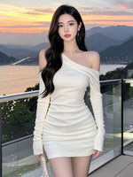 人気上昇中 セクシー スロープネック 長袖 スリム ミニドレス-写真通り-XL