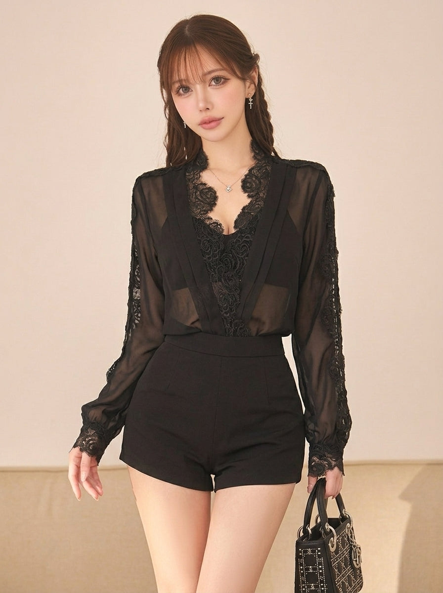 レースシフォンブラウス+ショートパンツ セットアップ 単品注文可
