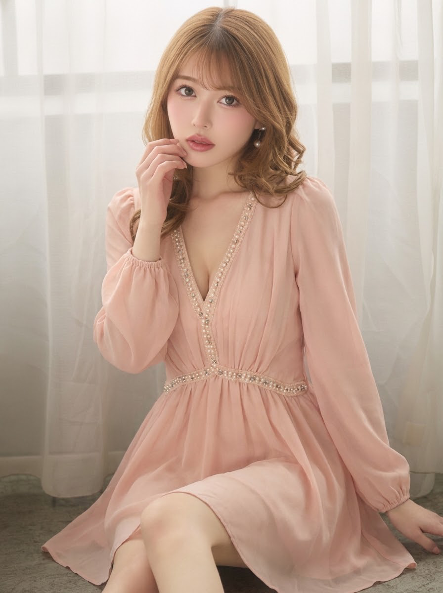 コーデの主役に！ 長袖 無地 パール Vネック シフォンワンピース-くすみピンク-XL