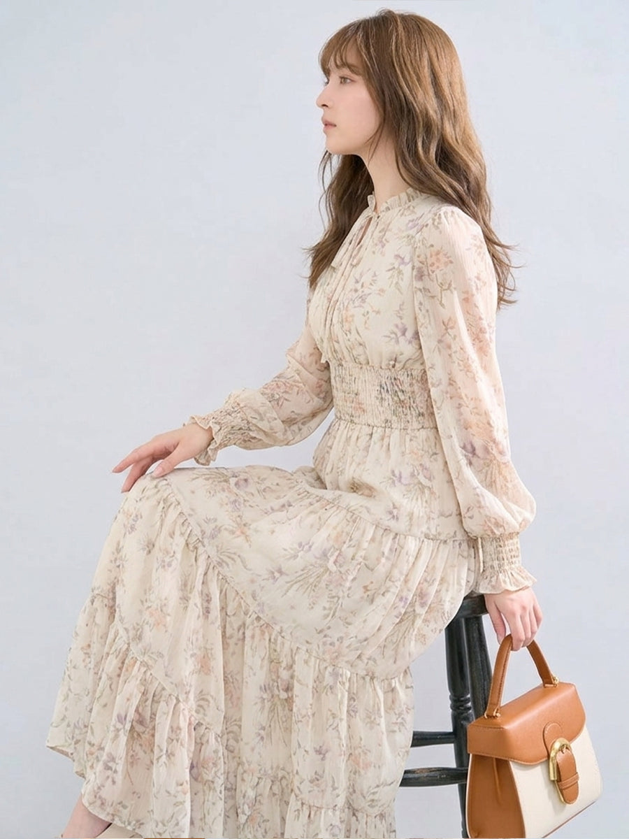 Aライン 長袖 花柄プリント シフォン ロングワンピース