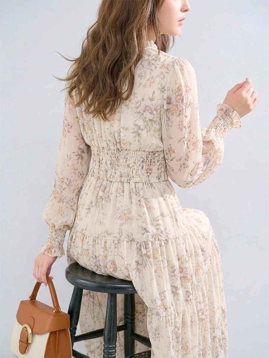 Aライン 長袖 花柄プリント シフォン ロングワンピース