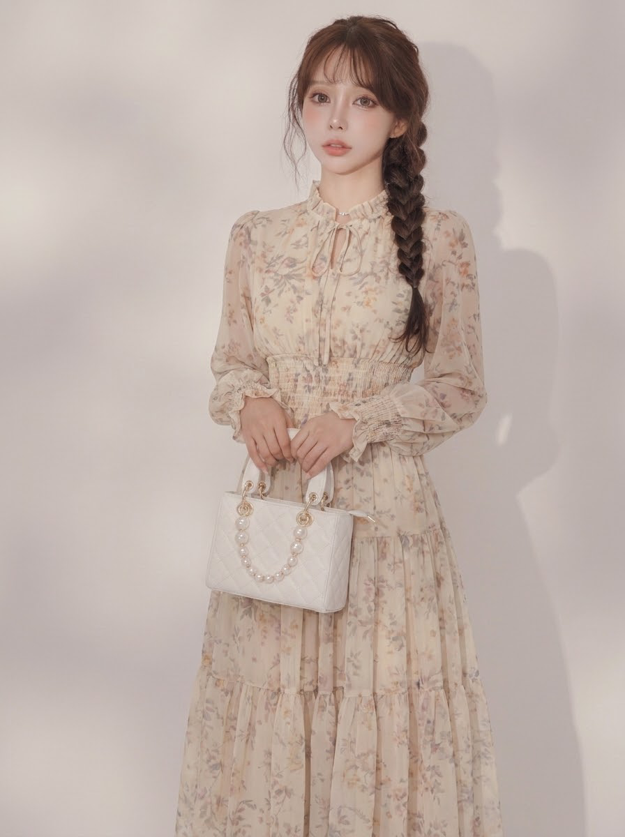 Aライン 長袖 花柄プリント シフォン ロングワンピース