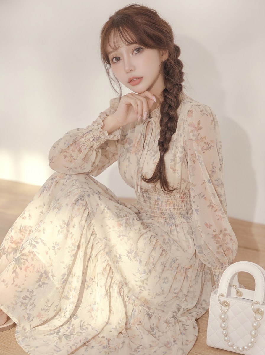 今季人気 Aライン 長袖 花柄 シフォン ロングドレス-写真と同じ-XL