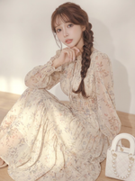 今季人気 Aライン 長袖 花柄 シフォン ロングドレス-写真と同じ-XL