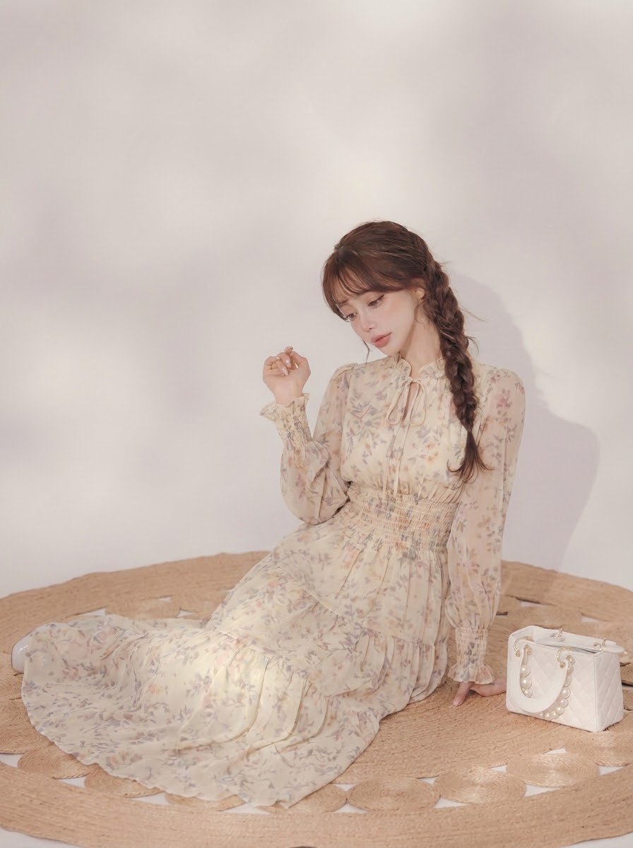 Aライン 長袖 花柄プリント シフォン ロングワンピース