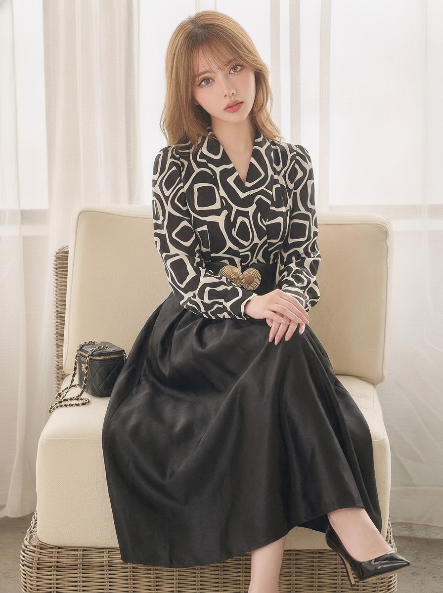 配色 プリント フェミニン レトロ ワンピース-ブラック-2XL