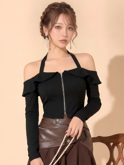 リボンタイデザイン 長袖Tシャツ-ブラック-L