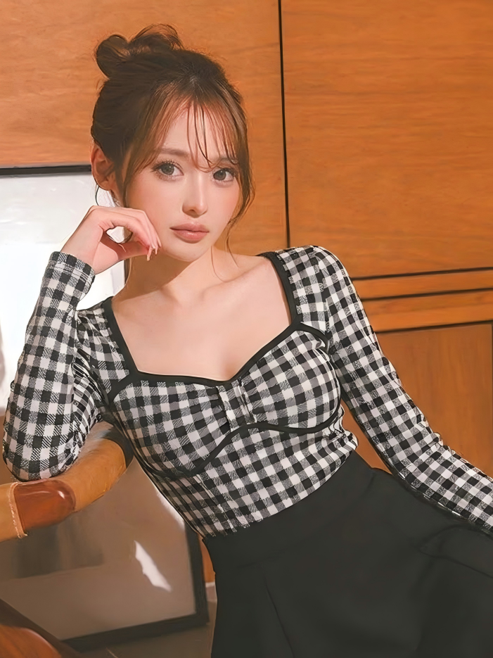 千鳥格子柄 プリントシャツ トップス-ブラック/トップス-XL