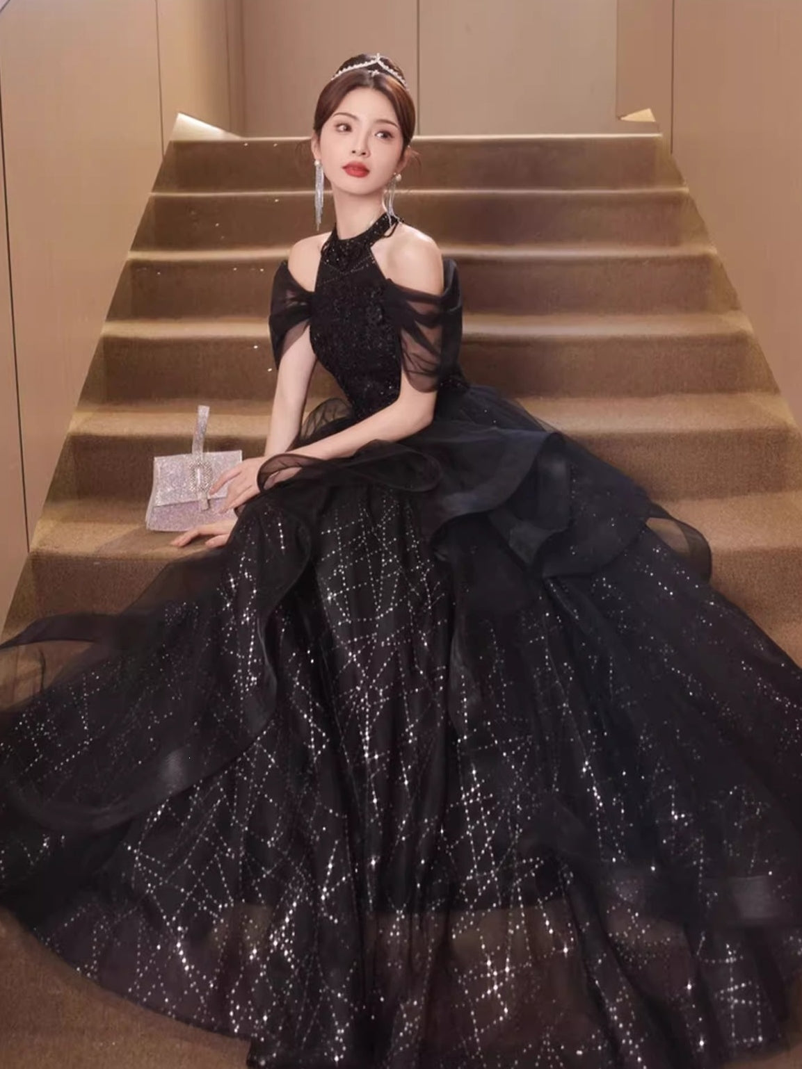オープンショルダー 半袖 パフスリーブ ロングワンピース