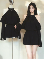 フリル オープンショルダー フレアスリーブ 長袖ワンピース
