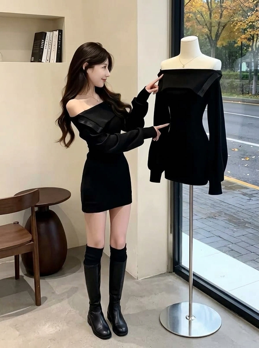 毎日モテ続けちゃう！ 折り襟 タイト 長袖 無地 セクシー ワンピース-ブラック-XL