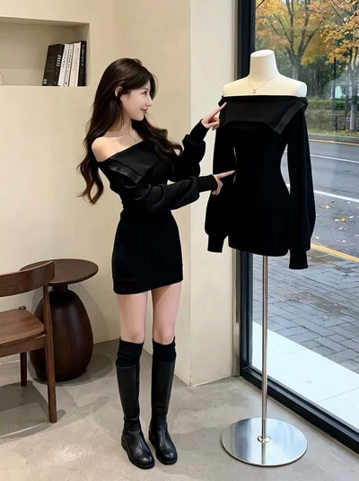 毎日モテ続けちゃう！ 折り襟 タイト 長袖 無地 セクシー ワンピース-ブラック-XL