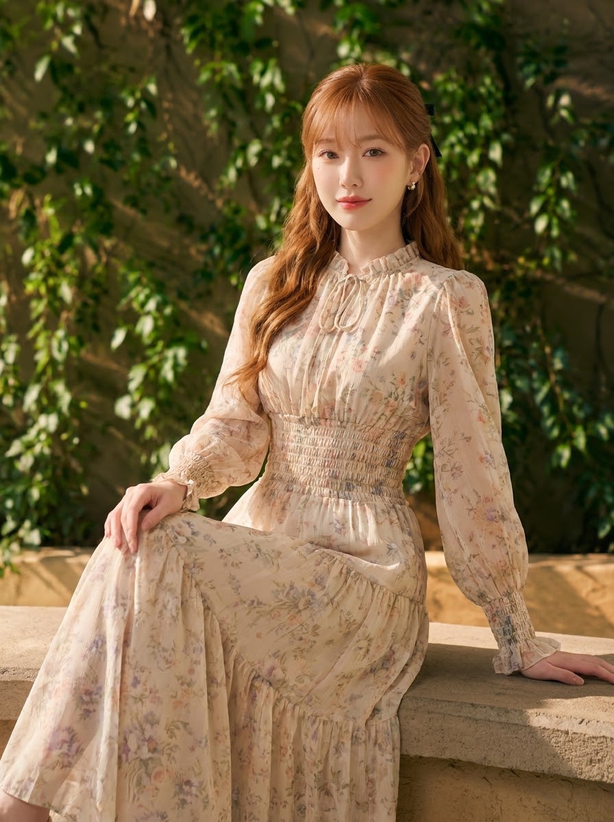 花柄プリント フリルランタンスリーブ シフォンワンピース