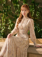 花柄プリント フリルランタンスリーブ シフォンワンピース