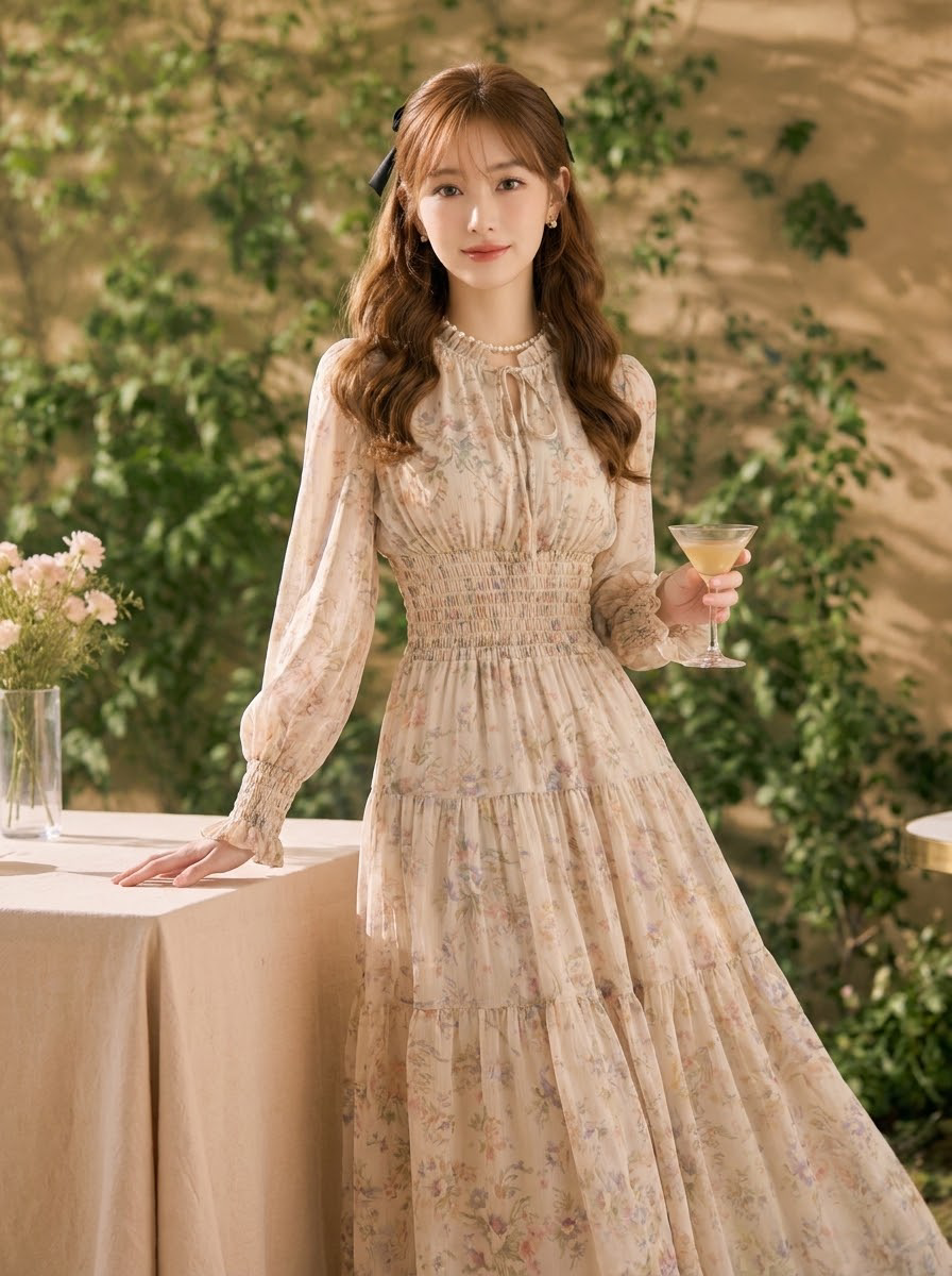花柄プリント フリルランタンスリーブ シフォンワンピース