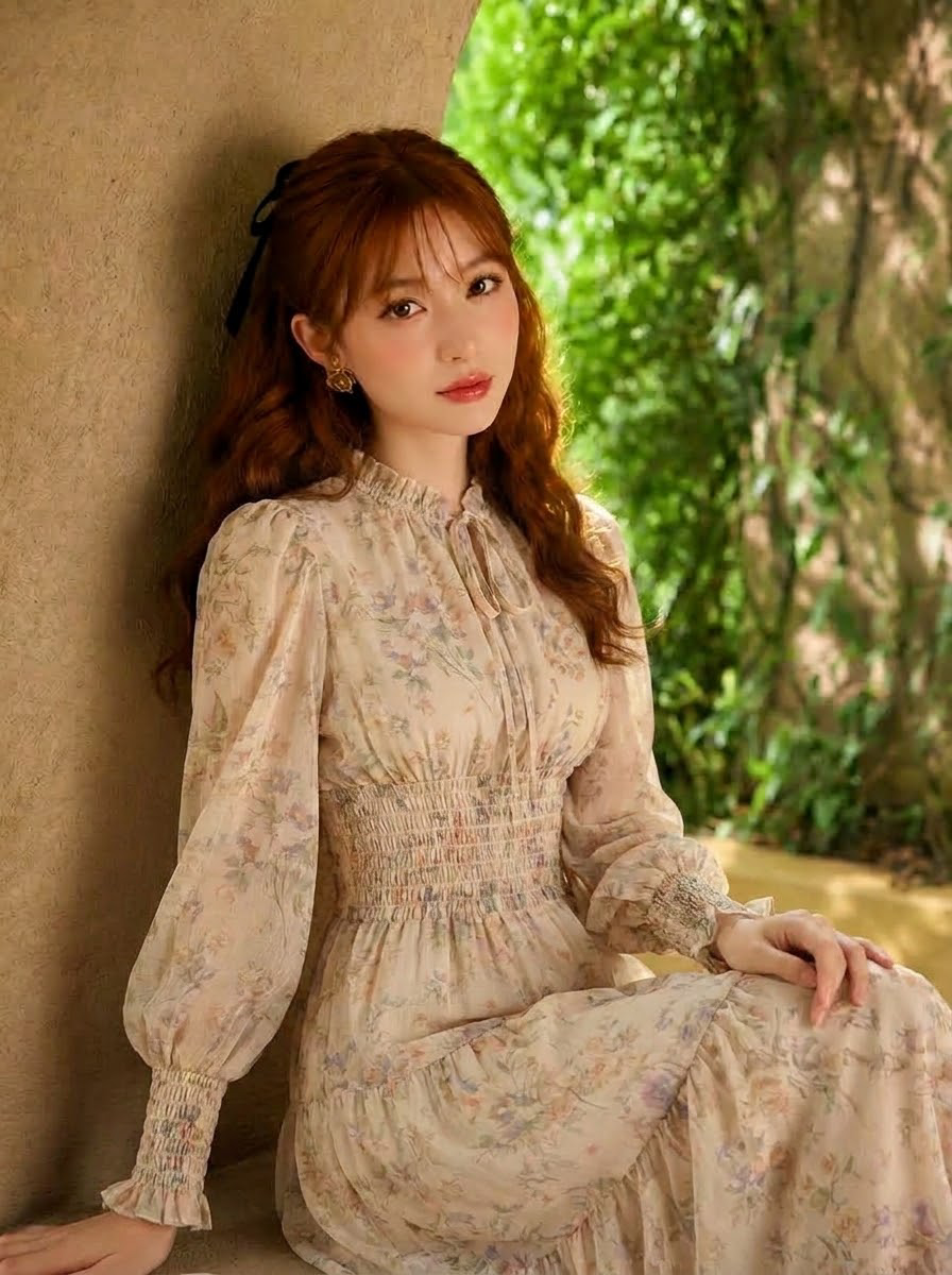 花柄プリント フリルランタンスリーブ シフォンワンピース