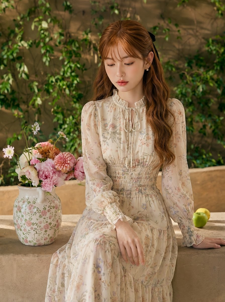 花柄プリント フリルランタンスリーブ シフォンワンピース