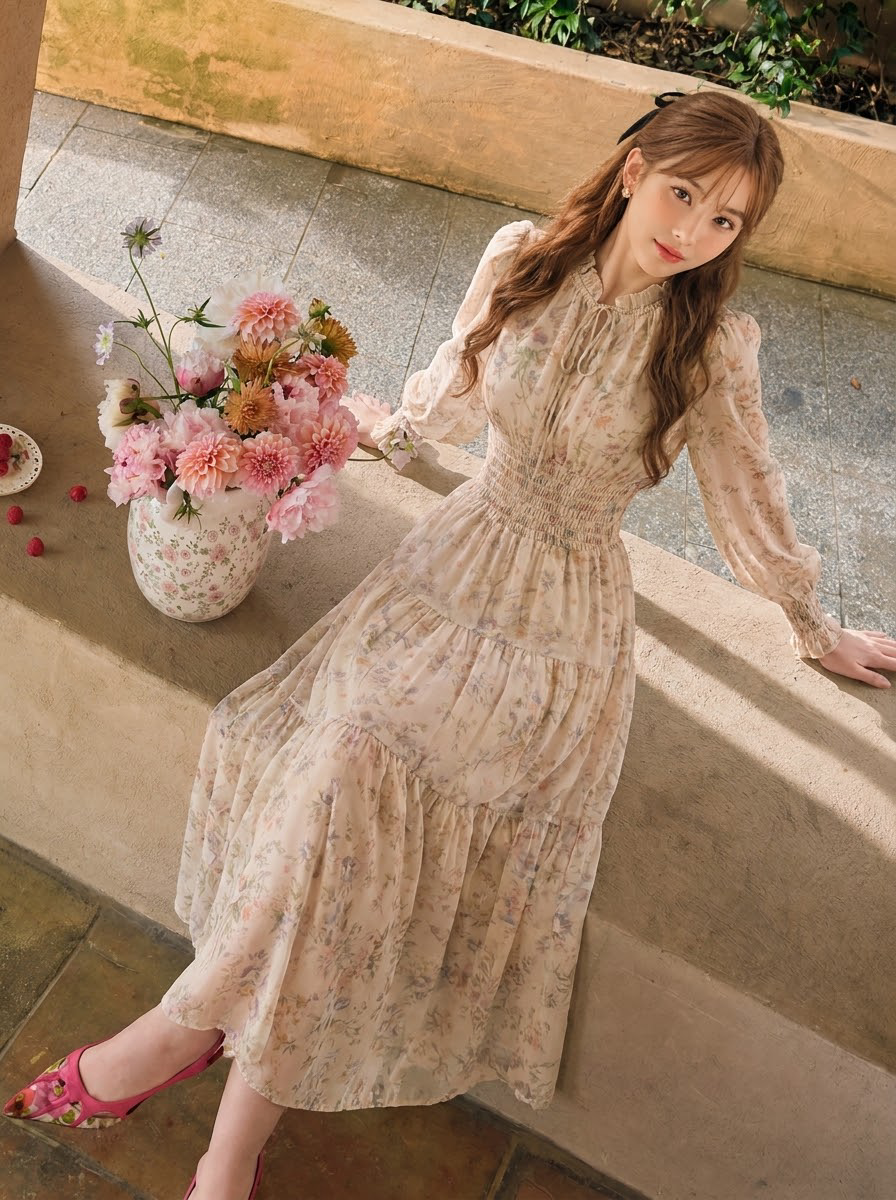 花柄プリント フリルランタンスリーブ シフォンワンピース-写真通り-XL