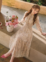 花柄プリント フリルランタンスリーブ シフォンワンピース-写真通り-XL
