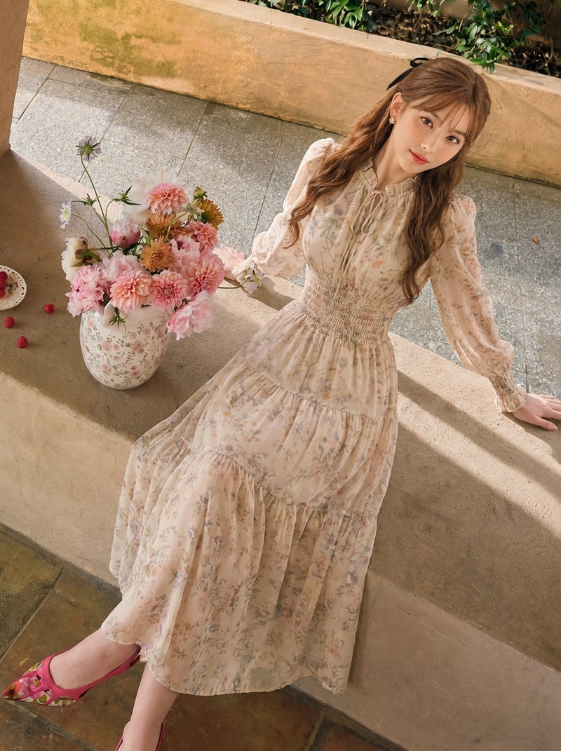花柄プリント フリルランタンスリーブ シフォンワンピース-写真通り-XL