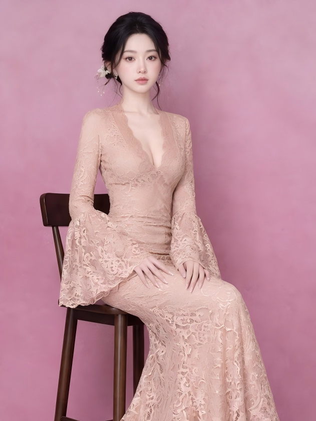 「今 着たい」 カットワーク レース 長袖 フレアスリーブ 無地 ロングドレス-写真通り-L