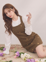 【単品注文】セットアップ 好感度UP フライスリーブ ファスナー ビーズ 無地 長袖 レトロ トップス+ワンピース-ワンピース-L