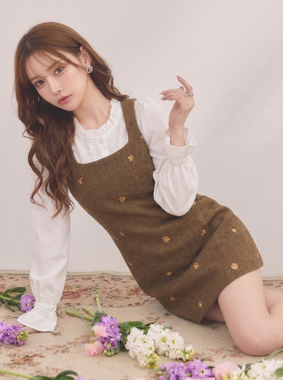【単品注文】セットアップ 好感度UP フライスリーブ ファスナー ビーズ 無地 長袖 レトロ トップス+ワンピース-ワンピース-L