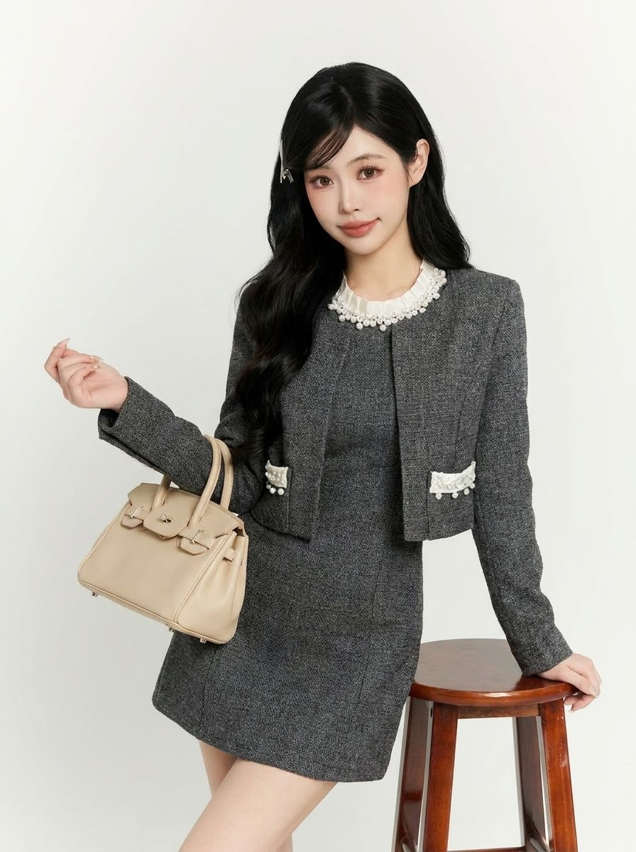 シンプル レトロ パール トップス+スカート 二点セット-ジャケット-L
