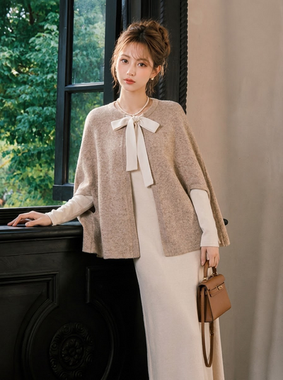 ケープコート＋リボンワンピース 2点セット-ポンチョ/単品-XL
