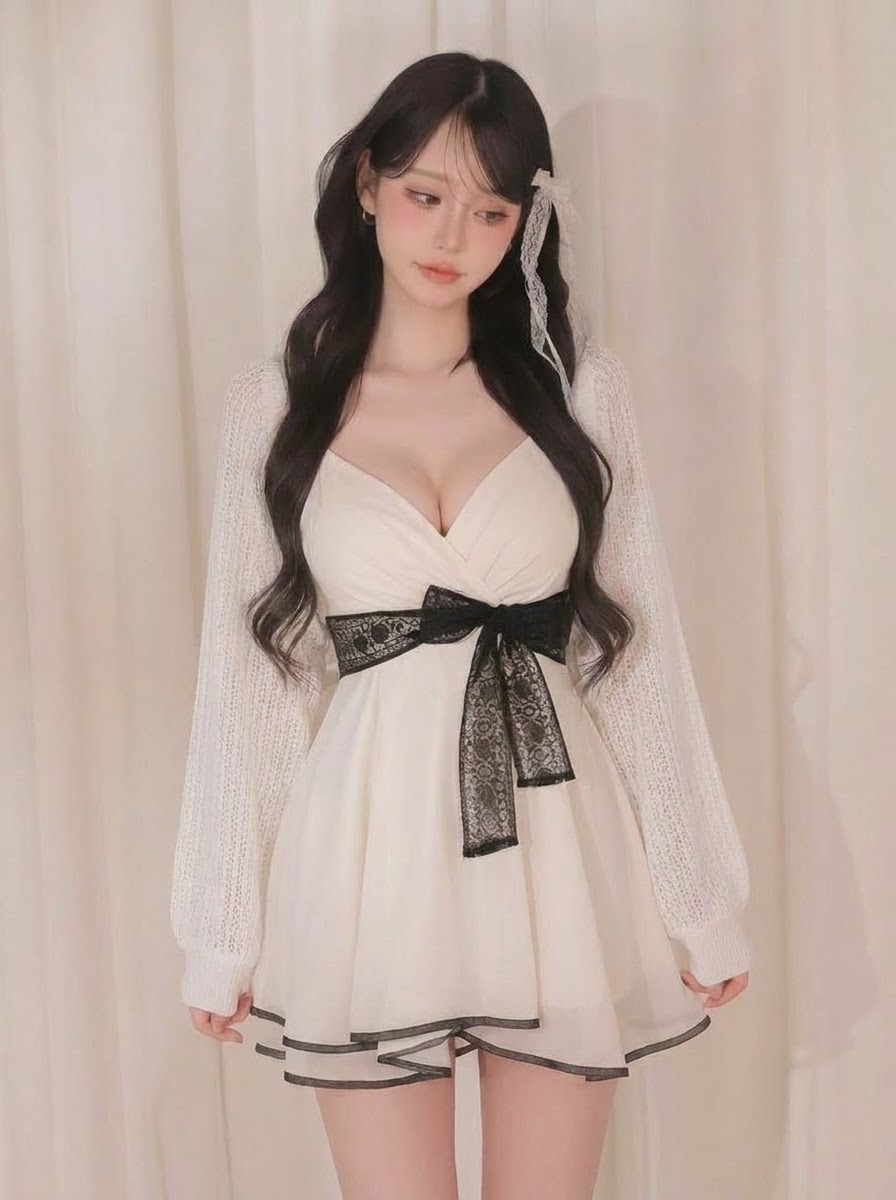リボン付き Aライン Vネック ノースリーブ ミニワンピース