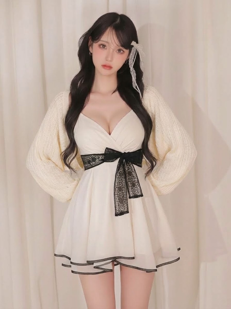 リボン付き Aライン Vネック ノースリーブ ミニワンピース