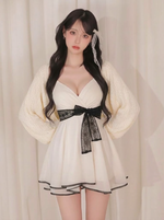 リボン付き Aライン Vネック ノースリーブ ミニワンピース