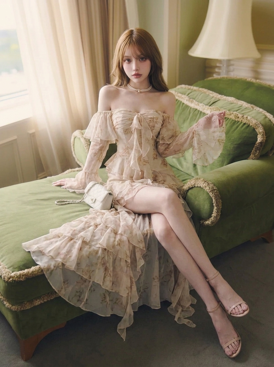 花柄 アシンメトリー フリル袖ロングワンピース