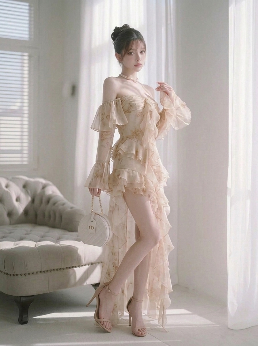 花柄 アシンメトリー フリル袖ロングワンピース