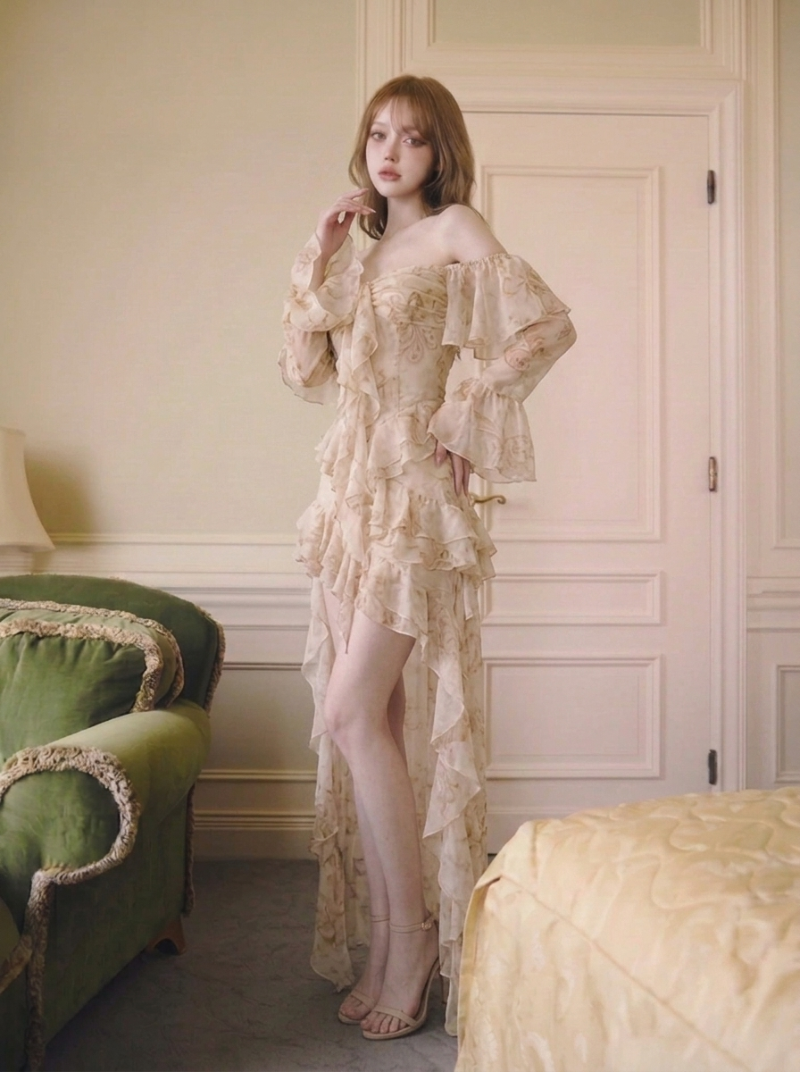 花柄 アシンメトリー フリル袖ロングワンピース