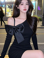 リボン付き 長袖 オフショルダー タイト ミニワンピース