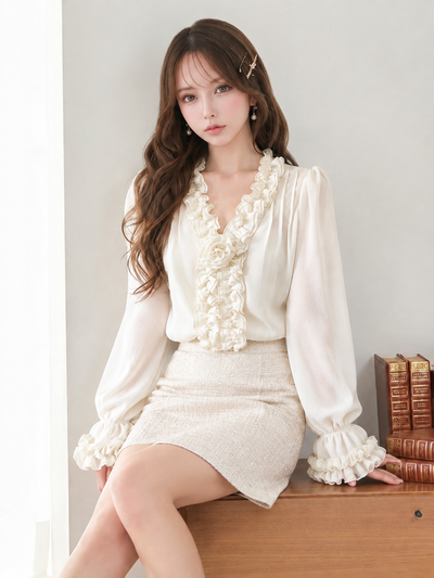 花柄プリント フリル レトロ 長袖シャツ-ライトベージュ-XL