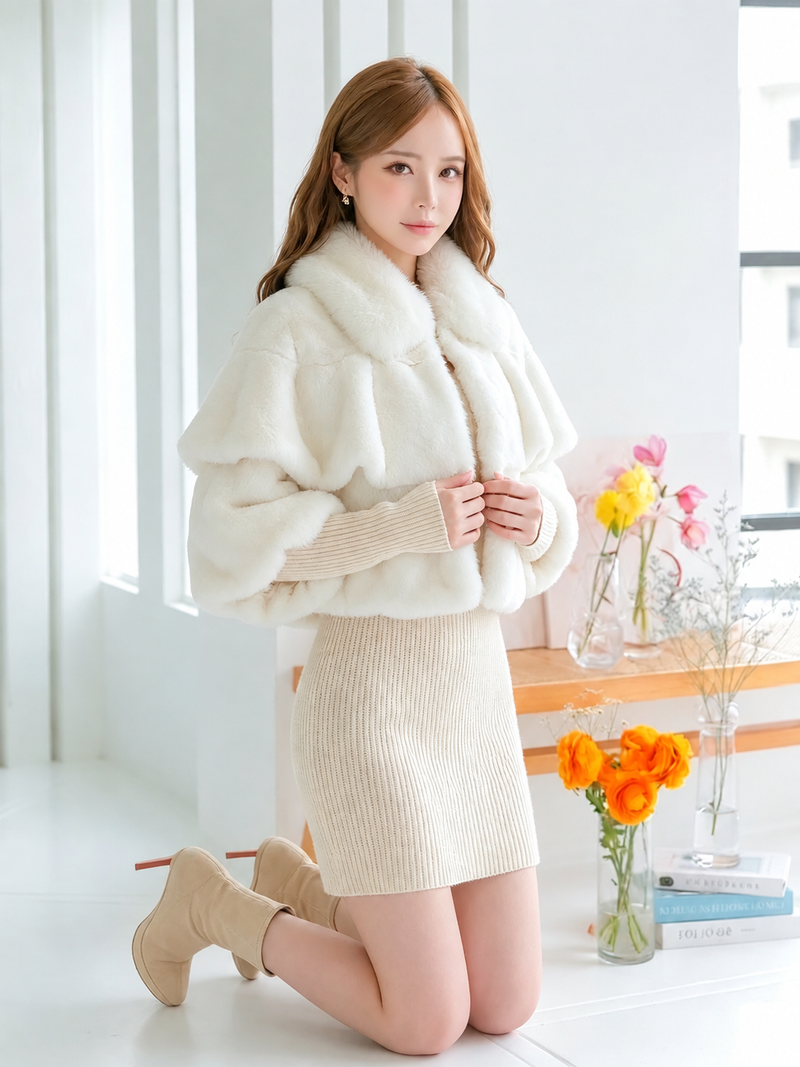 韓国人気新品 ヒョウ柄 ノースリーブ 無地 プリント エコファー セレブリティ コート-パールベージュ-フリー
