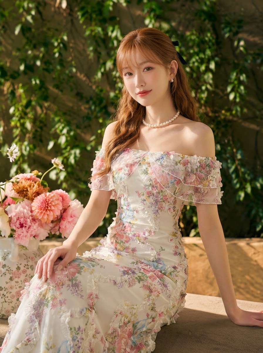 お買い得！ プリント 花模様 フリル袖 半袖 花柄 ロマンチック プリントワンピース-ホワイト-XL