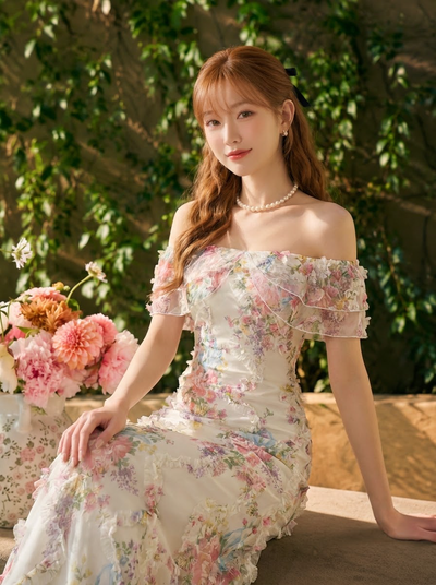お買い得！ プリント 花模様 フリル袖 半袖 花柄 ロマンチック プリントワンピース-ホワイト-XL