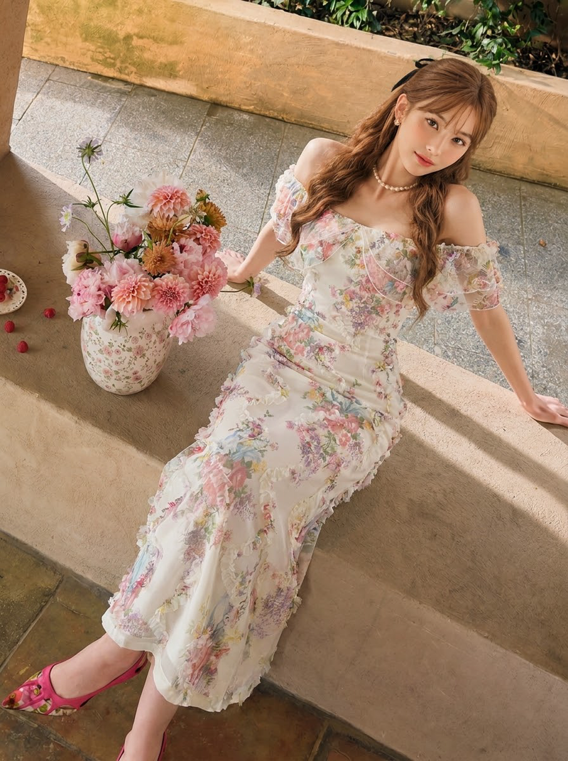 花柄プリント フレアスリーブ 半袖 ロングワンピース