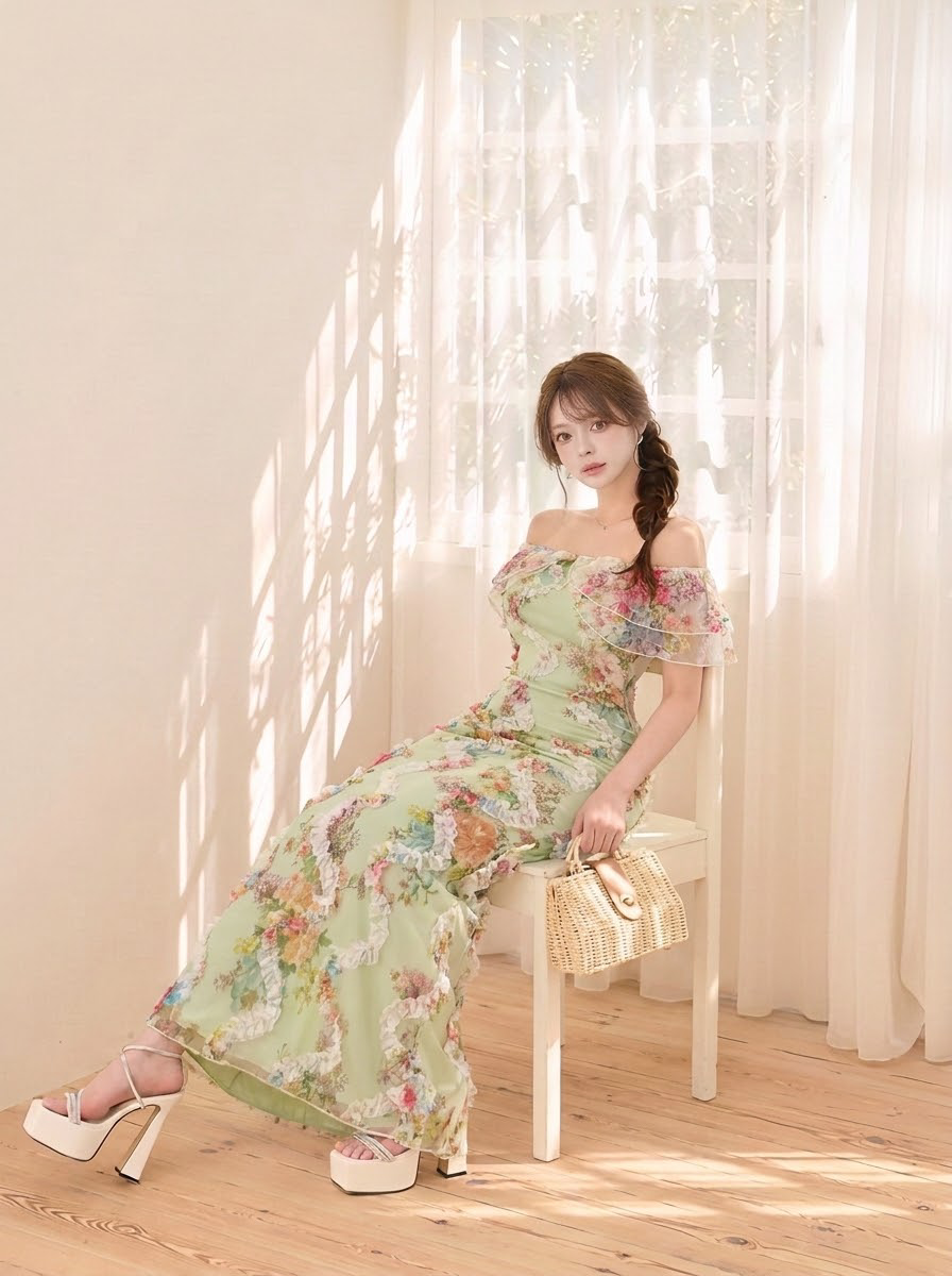 花柄プリント フレアスリーブ 半袖 ロングワンピース