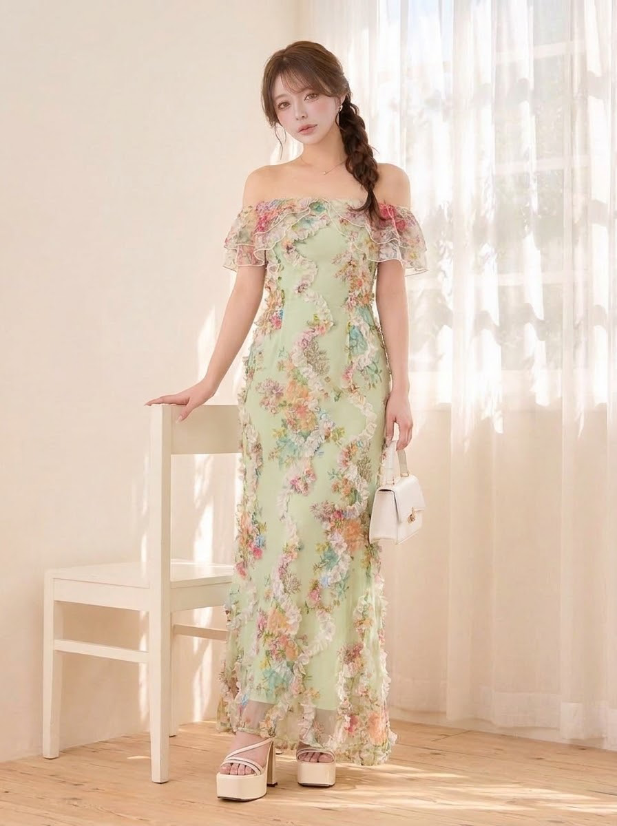 花柄プリント フレアスリーブ 半袖 ロングワンピース