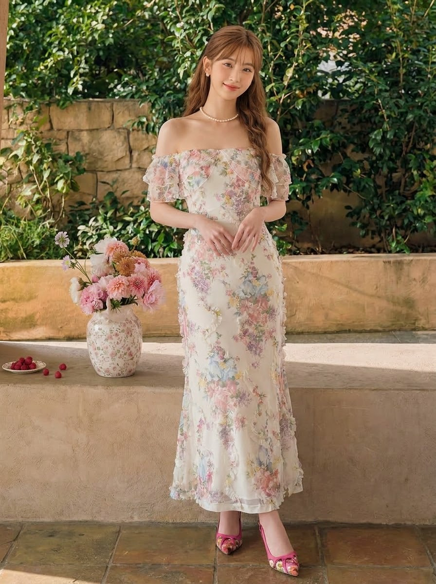花柄プリント フレアスリーブ 半袖 ロングワンピース