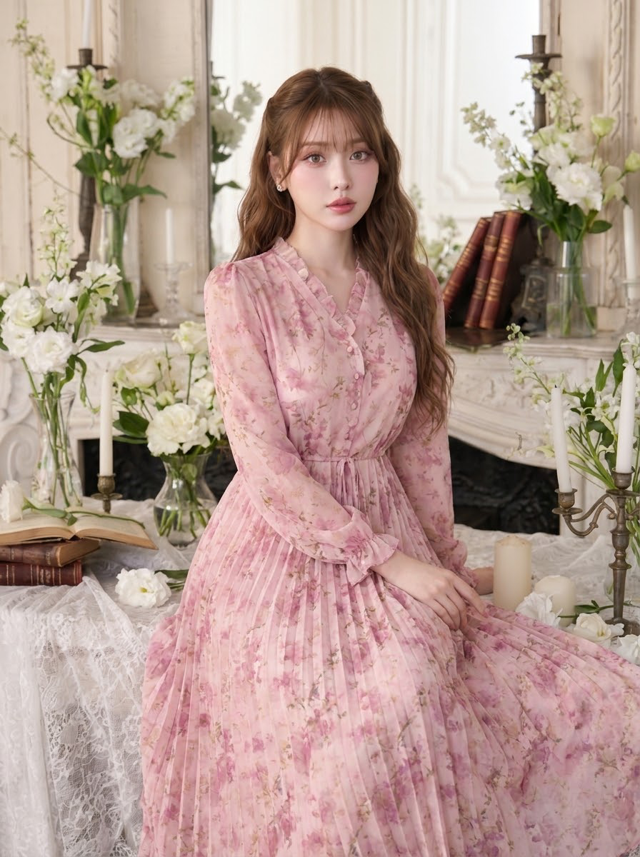 エレガント 韓国風 シック 花柄 プリント プリーツ シフォン 長袖 ドレス-ブルー-フリー