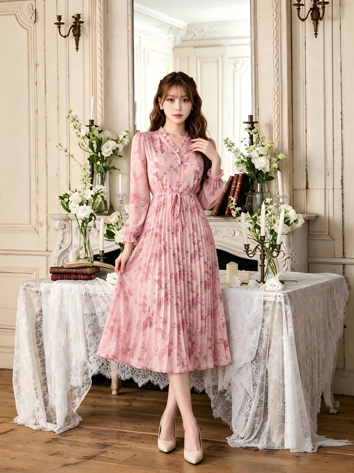 花柄プリント プリーツ シフォン 長袖 ロングワンピース