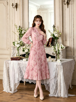 花柄プリント プリーツ シフォン 長袖 ロングワンピース