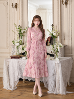 花柄プリント プリーツ シフォン 長袖 ロングワンピース