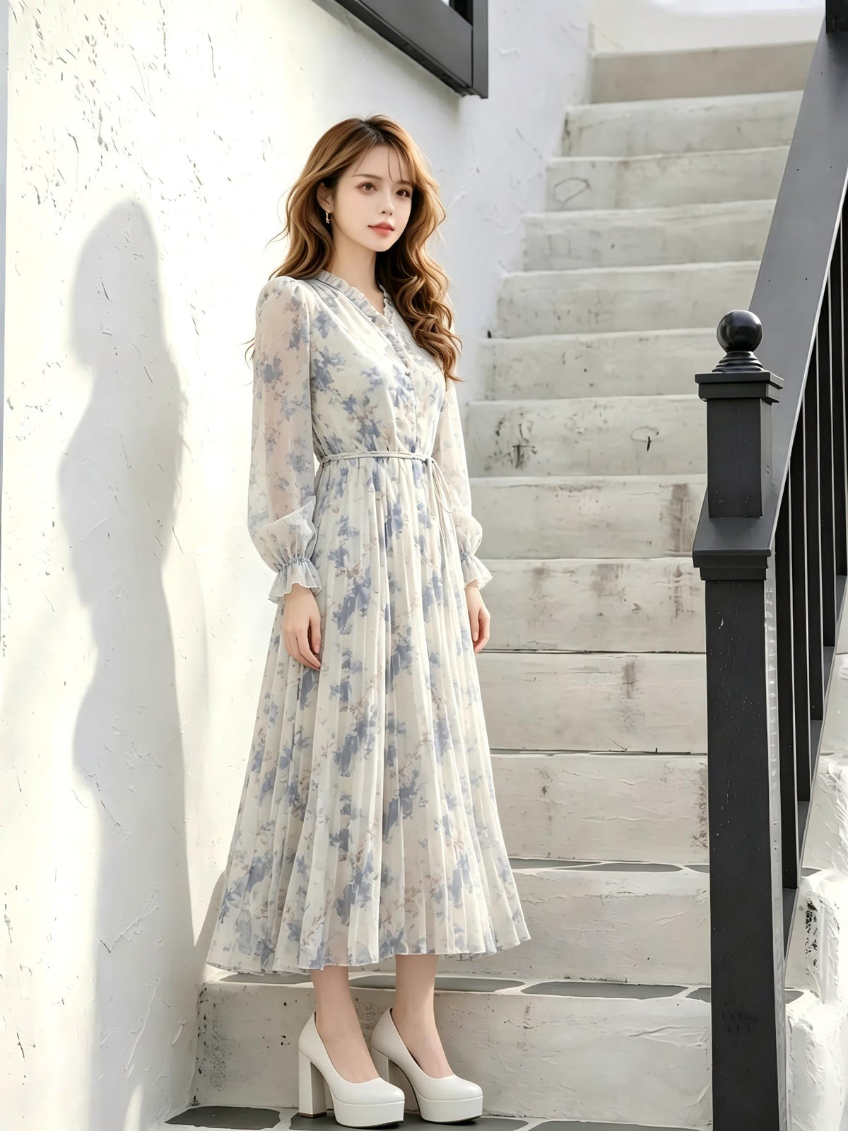 花柄プリント プリーツ シフォン 長袖 ロングワンピース